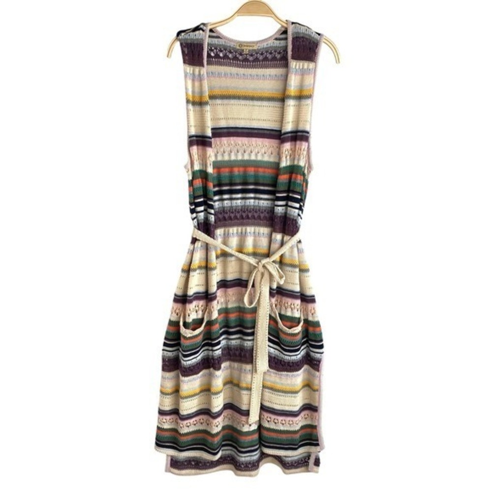 Democracy Boho Hippie Belted‎ Striped Cardigan Vest Women M Multicolor Festival